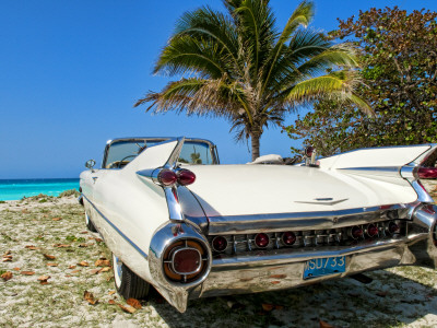 Classic 1959 White Cadillac Auto on Beautiful Beach of Veradara Cuba 