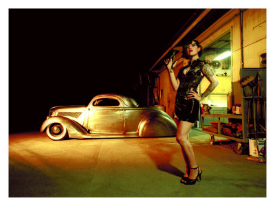 PinUp Girl 1937 Coupe Tattoo and Leather Giclee Print zoom view in room