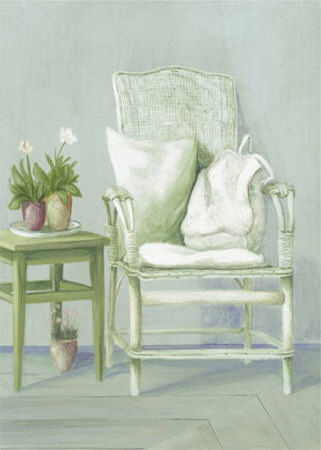 White Wicker Chair with Pillows Print White Wicker Chair with Pillows Print