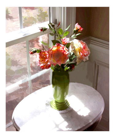 Pink & Yellow Rose Bouquet Backlit in Sunny Window Photographic Print