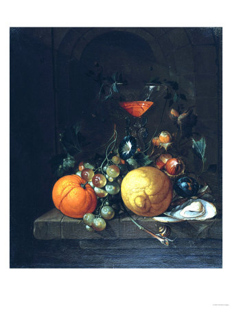A Lemon an Orange Grapes an Oyster and a Glass of Wine on a Ledge