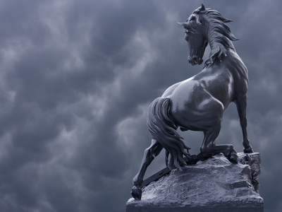 Sculpture Horse on Horse Sculpture Against Storm Clouds At Entrance Of Musee D Orsay