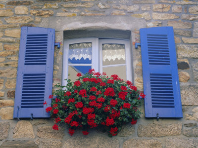 Blue Shuttered Windows and Red Flowers, Concarneau, Finistere, Brittany, France, Europe Photographic Print