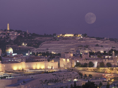 Moon over the Dome of the Rock and Mount Olives in Jerusalem, Israel Stretched Canvas Print