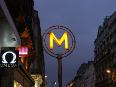 paris metro sign. Metro Sign in Downtown City Area, Paris, France Photographic Print