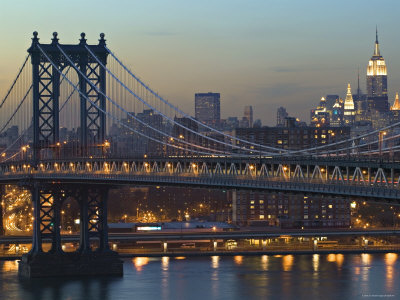 Manhattan Bridge and Empire State Bldg, New York, USA Stretched Canvas Print