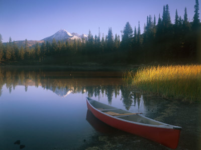 Beached Red Canoe, Sparks Lake, Central Oregon Cascades Stretched Canvas Print