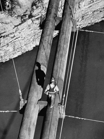 Worker Walking on the Texas Illinois Natural Gas Company's Pipeline Suspension Bridge Stretched Canvas Print