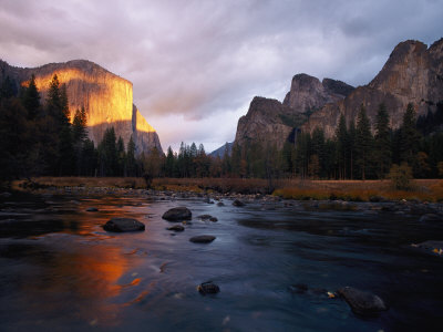 Evening Sun Lights up El Capitan and the Merced River Stretched Canvas Print
