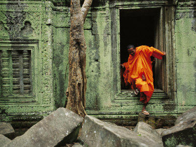 Angkor Wat Temple with Monk, Siem Reap, Cambodia Stretched Canvas Print