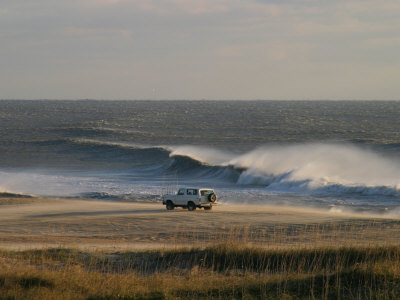 Wind, Waves and Fisherman in an Suv on a Beach in the Outer Banks Stretched Canvas Print