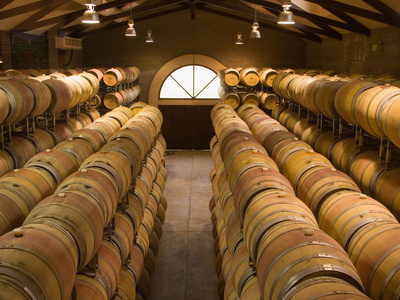 Oak Barrels in Wine Cellar at Groth Winery in Napa Valley, California, USA Stretched Canvas Print