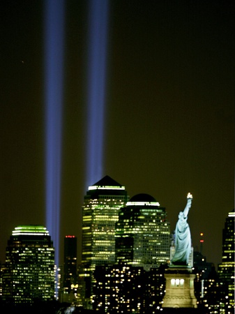 Two Beams of Light Light up the Sky Above Manhattan from Near the Site of the World Trade Center Stretched Canvas Print