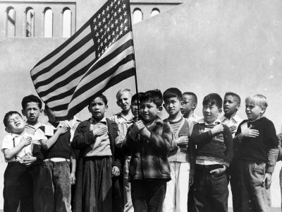 American Children of Japanese, German and Italian Heritage, Pledging Allegiance to the Flag Stretched Canvas Print