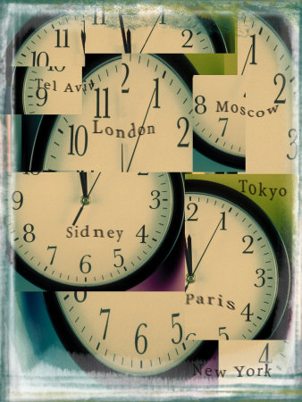 Clocks Montage with City Names Stretched Canvas Print