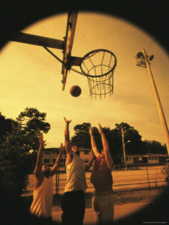 Three Young Men Playing Basketball Photographic Print Three Young Men Playing Basketball Photographic Print