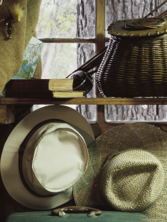 Fishing Equipment with Two Hats Photographic Print Fishing Equipment with Two Hats Photographic Print