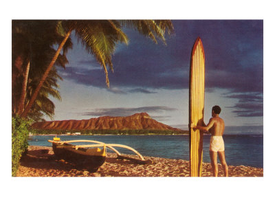 Surfer with Diamond Head Giclee Print Surfer with Diamond Head Giclee Print