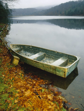 Old Rowboat on the Shore of Douthat Lake in Rain Stretched Canvas Print