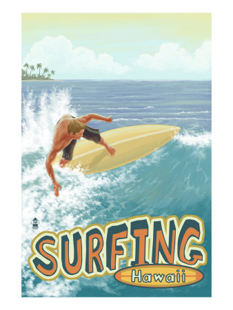 Hawaii, Surfing Scene Premium Poster Hawaii, Surfing Scene Premium Poster