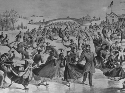 Assembly of Ice Skaters on Lake in Central Park in Winter Stretched Canvas Print