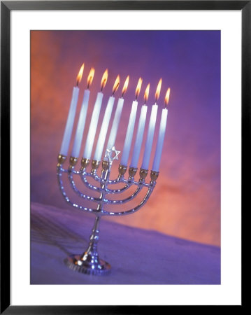 Silver Menorah with White Lighted Candles Framed Print Silver Menorah with White Lighted Candles Framed Print