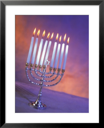 Silver Menorah with White Lighted Candles Framed Print Silver Menorah with White Lighted Candles Framed Print