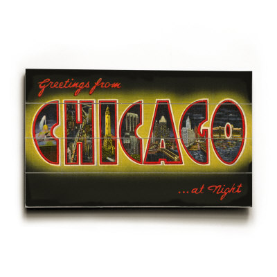 Greeting from Chicago at Night Wood Sign Greeting from Chicago at Night Wood Sign