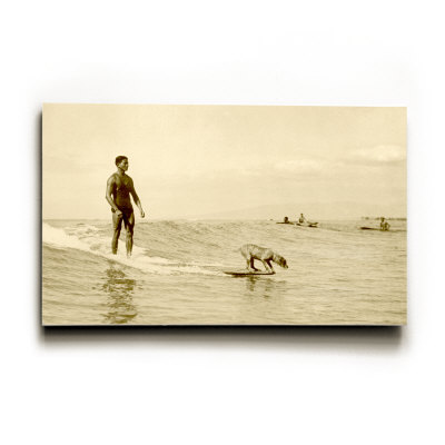 Man Surfing with Dog Wood Sign Man Surfing with Dog Wood Sign