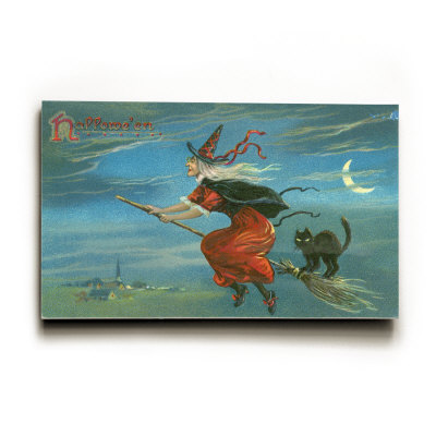 Halloween, Witch and Cat on Broom Wood Sign Halloween, Witch and Cat on Broom Wood Sign