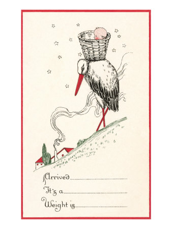 Stork with Baby in Basket, Announcement Giclee Print Stork with Baby in Basket, Announcement Giclee Print