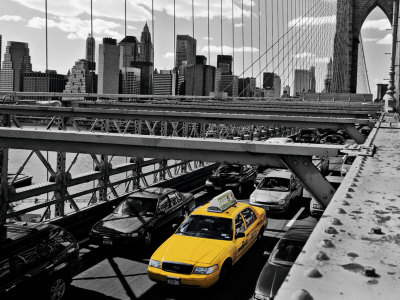 Yellow Cab on Brooklyn Bridge Print zoom view in room