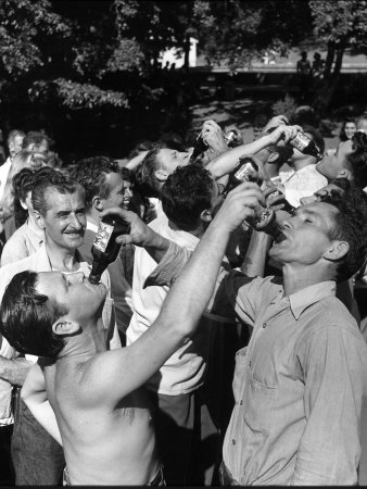 Men Having a Beer Drinking Contest at the Company Picnic Stretched Canvas Print