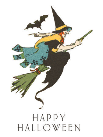 Happy Halloween, Witch and Bat Stretched Canvas Print