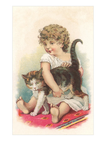 Little Girl with Cat Stretched Canvas Print Little Girl with Cat Stretched Canvas Print