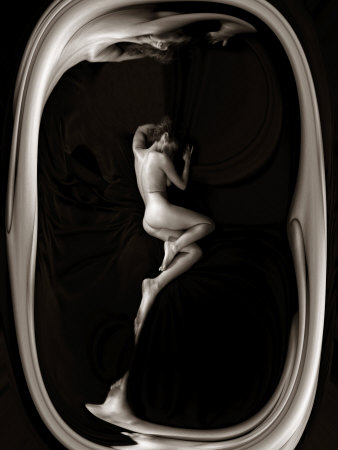 Female Nude Sleeping on Black Background in Oval Frame Stretched Canvas Print