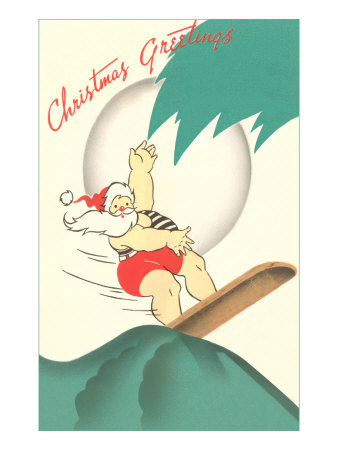 Christmas Greetings, Santa Surfing Giclee Print Christmas Greetings, Santa Surfing Giclee Print