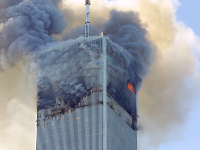 Fire and Smoke Billows from the North Tower of New York's World Trade Center September 11, 2001 Stretched Canvas Print