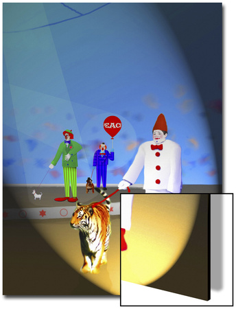 Three Clowns a Tiger and a Dog Art on Acrylic Three Clowns a Tiger and a Dog Art on Acrylic