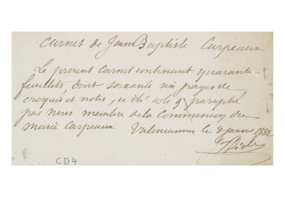 Carnet de croquis; Plat superieur interieur: annotations
