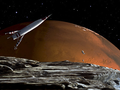 A Spaceship in Orbit over Mars Moon, Phobos, with the Red Planet Mars in the Background Stretched Canvas Print