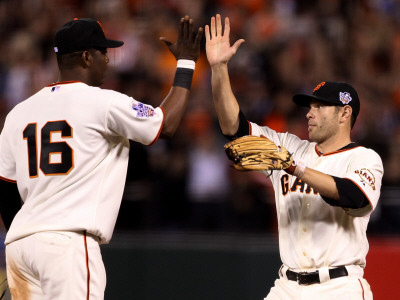Texas Rangers v San Francisco Giants, Game 1: Edgar Renteria, Freddy Sanchez Print Texas Rangers v San Francisco Giants, Game 1: Edgar Renteria, Freddy Sanchez Print