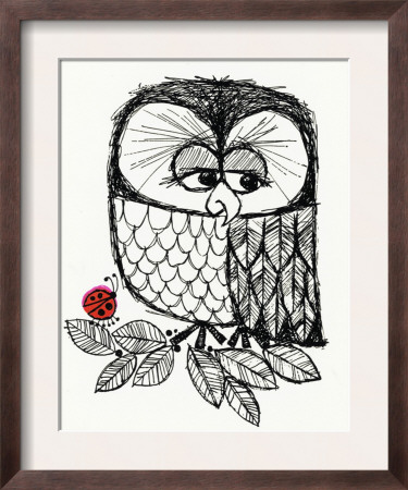 Retro Black and White Owl with Ladybug Framed Print Retro Black and White Owl with Ladybug Framed Print