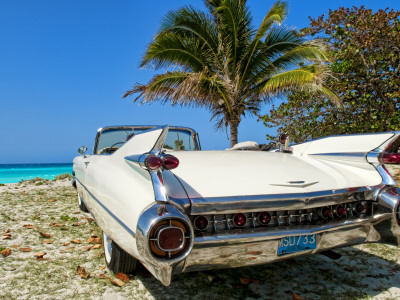 Classic 1959 White Cadillac Auto on Beautiful Beach of Veradara, Cuba Stretched Canvas Print