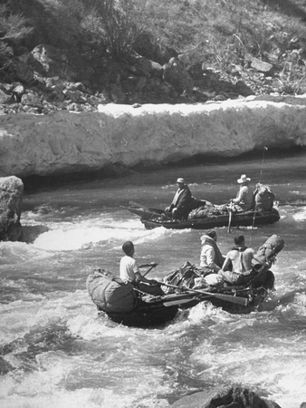 Men Shooting the Salmon River Rapids in Rubber Boats Stretched Canvas Print