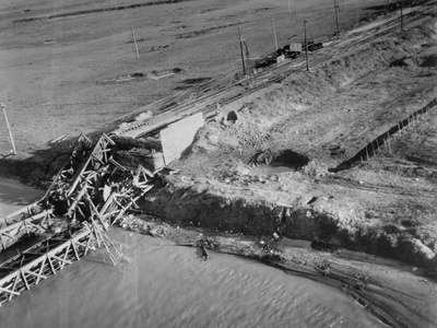 Aerial View of Bridge Blown Up by the Germans on an Unident. River Stretched Canvas Print