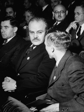 Russian Vyacheslav M. Molotov Listening to His Interpreter Pavlov Stretched Canvas Print