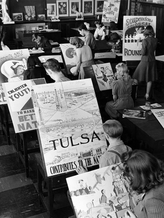 Students in Will Rogers High School Commercial Art Class Making Posters for Civic Promotion Stretched Canvas Print