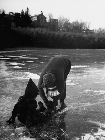 Close-Up of Skaters on the Ice on First Day of Skating Stretched Canvas Print
