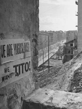 Posting Pro-Tito Signs on Building in Section of Trieste Area Stretched Canvas Print